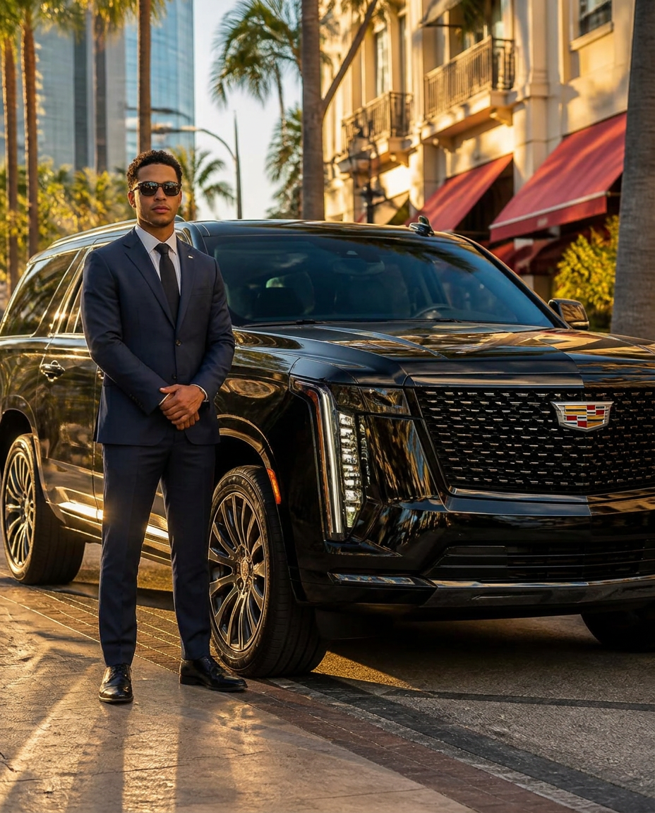 Chauffeur in a dark suit waiting beside a black 2026 Cadillac Escalade