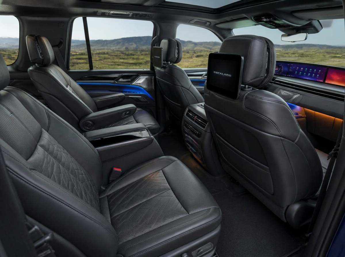 Rear cabin of a 2026 Cadillac Escalade with black leather seating